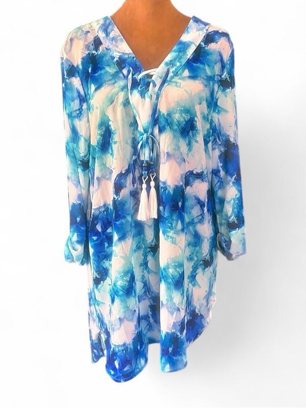 Apana Resort Tie-Front Blue Watercolor Tunic Swim Coverup